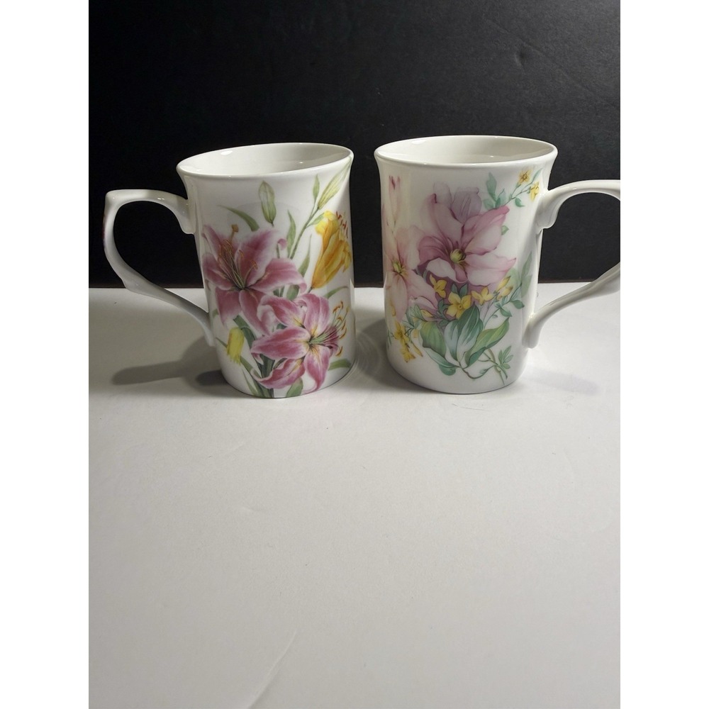 Set of 2 Stechcol Gracie Bone China Floral Coffee Mugs 4.5"
